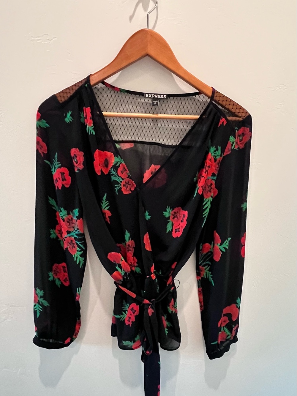 Express Black Red Poppy Floral Wrap Blouse Mesh Detail - Size M
